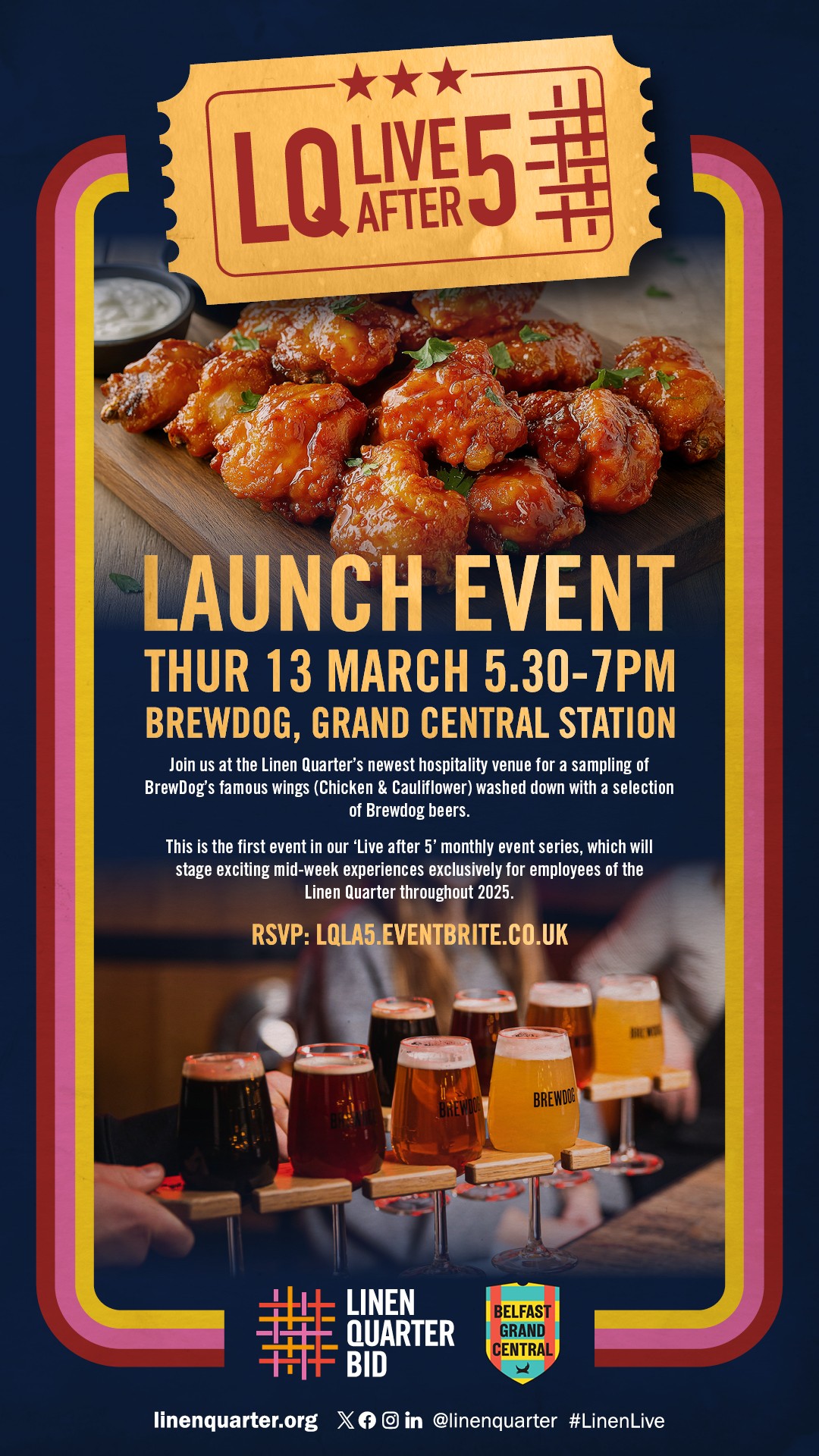 LQ Live After 5 Brewdog Launch Poster shows the details of the event and a flight of beer and some chicken wings