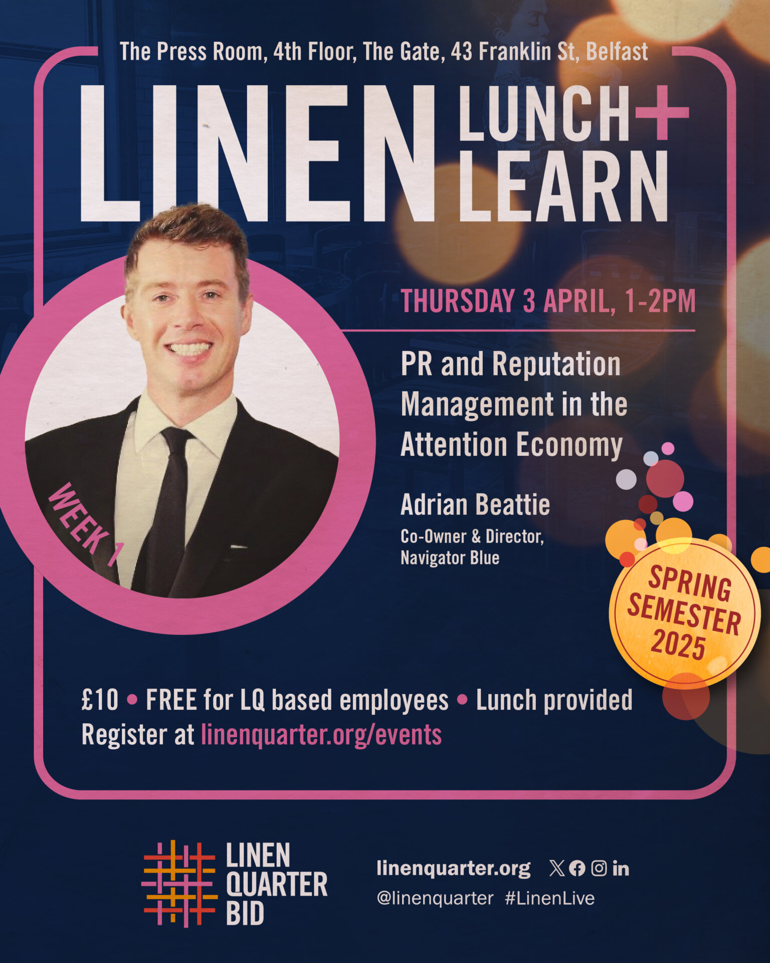 LQB LQ Lunch & Learn Social Media Adrian Beattie on a poster with the details of an upcoming lunchtime learning event