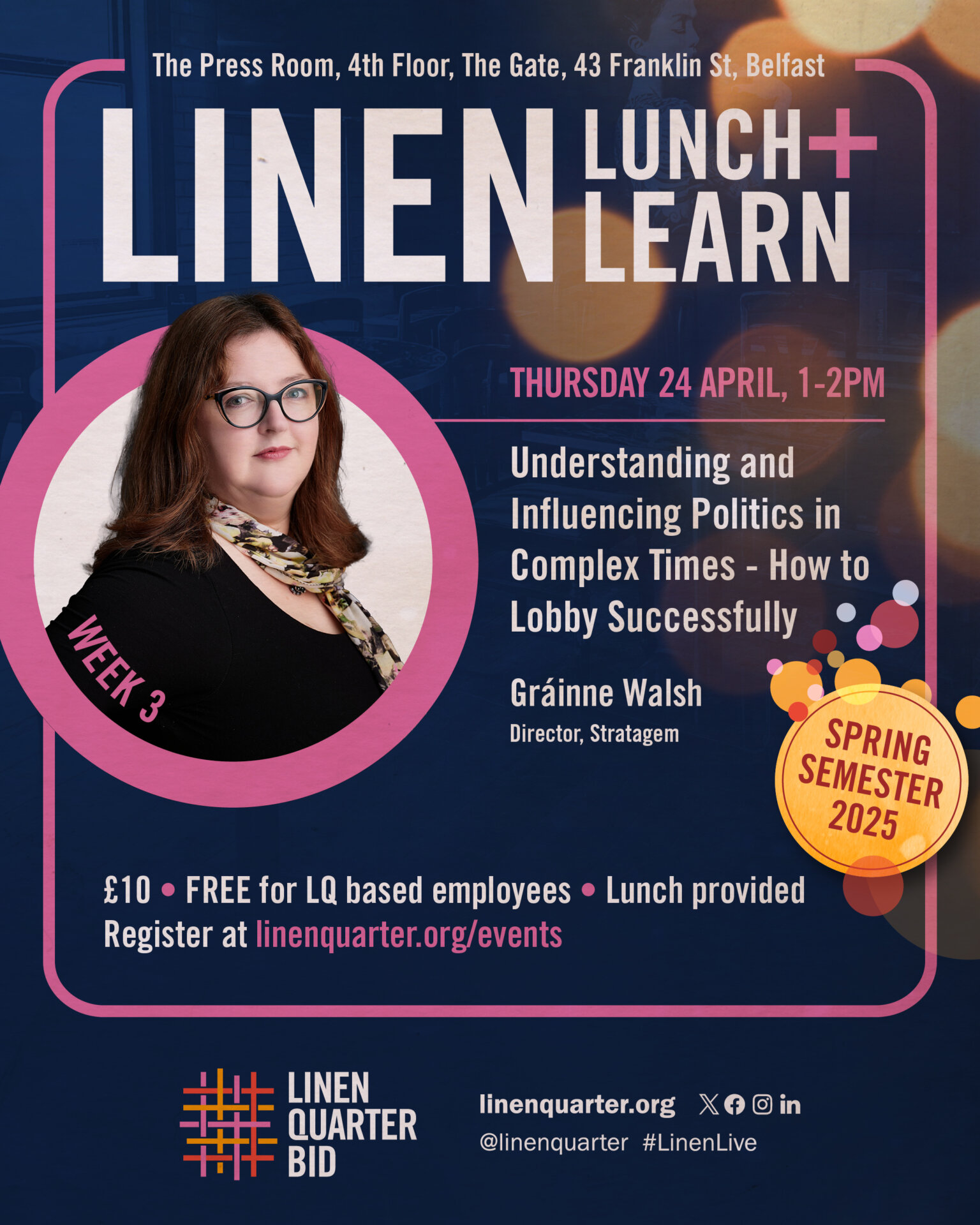 LQB LQ Lunch & Learn Social Media Grainne Walsh on a poster with the details of an upcoming lunchtime learning event