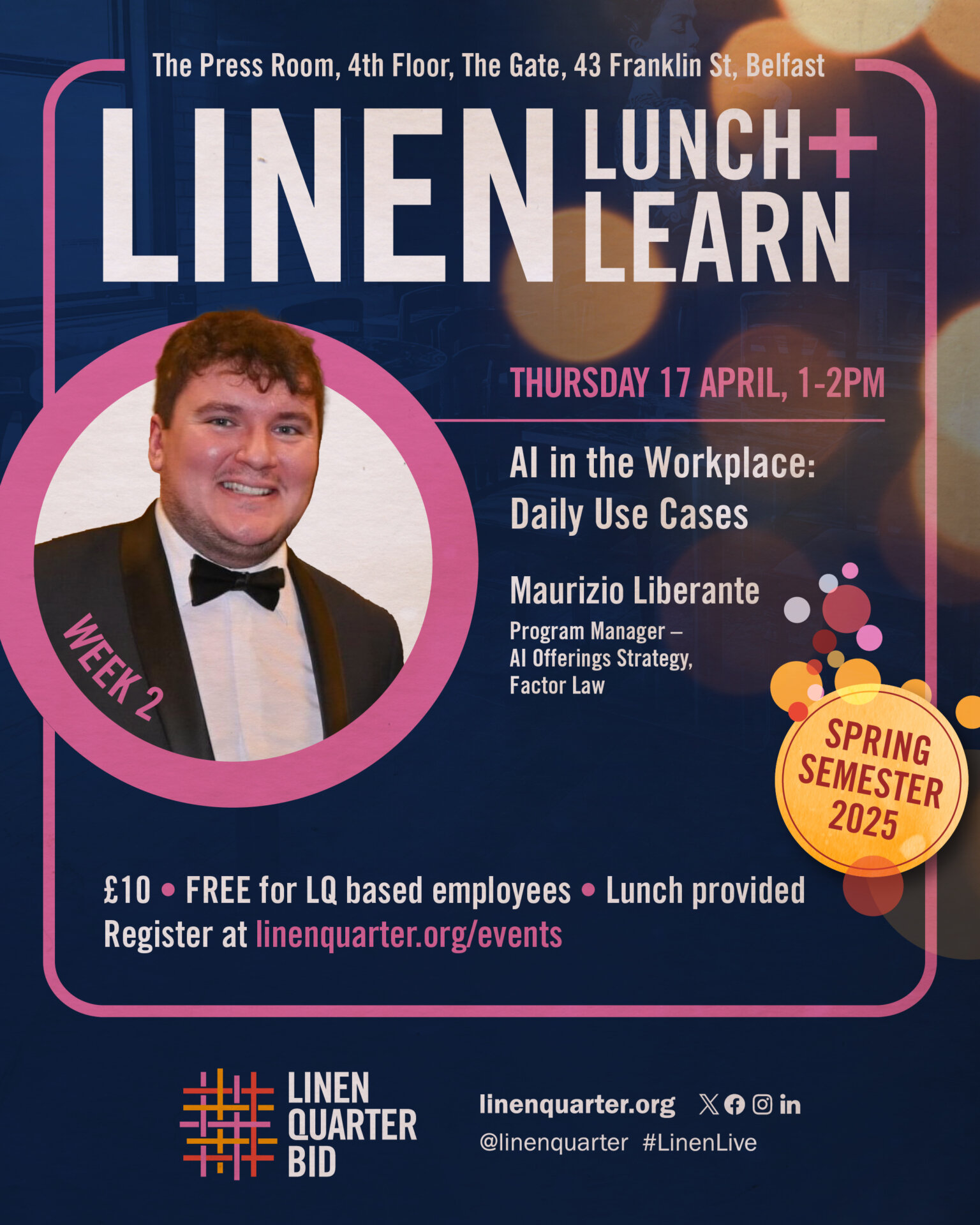 LQB LQ Lunch & Learn Social Media Maurizio Liberante is featured on a poster with the details of an upcoming lunchtime learning event