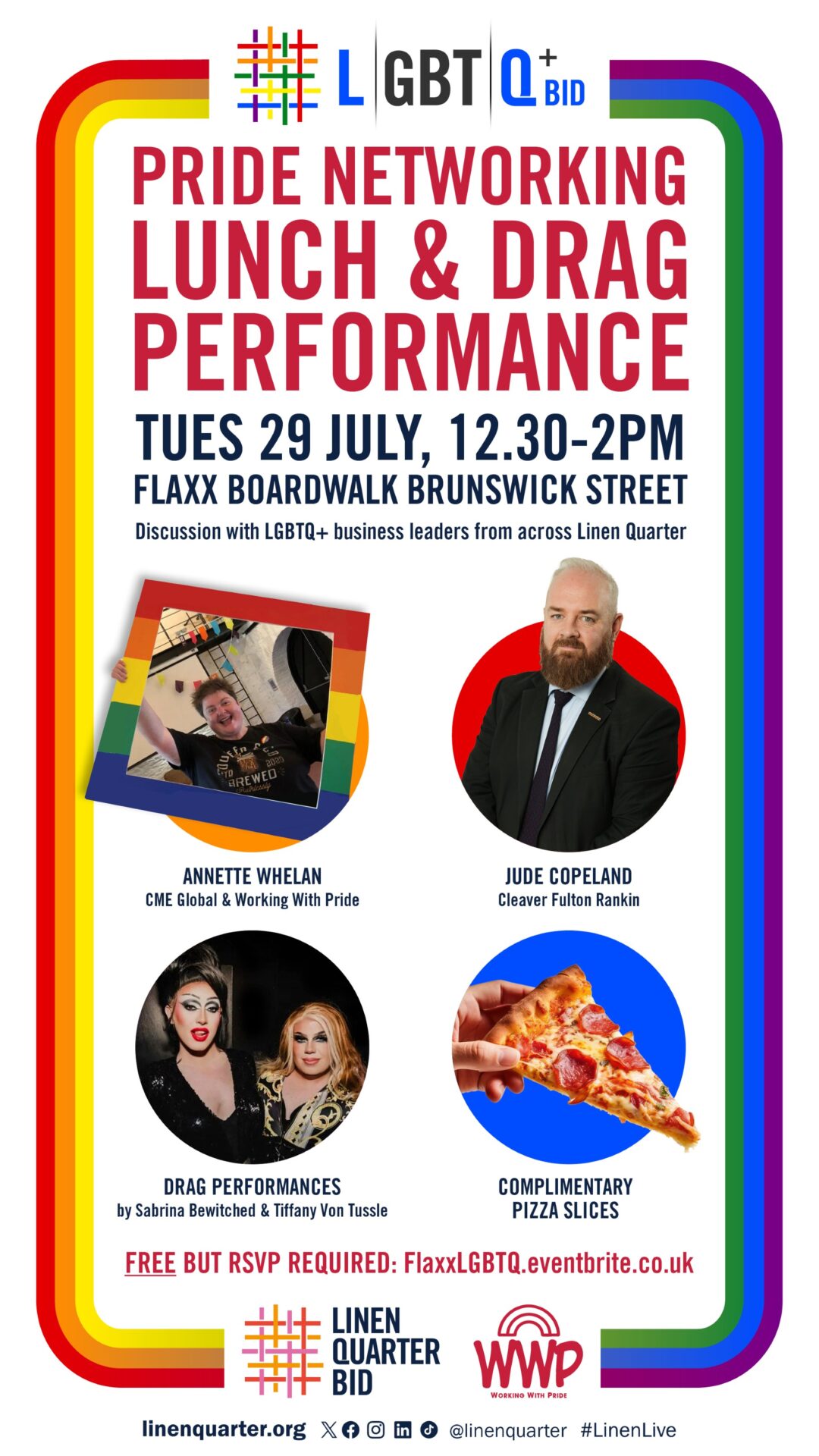 LQ Pride Event Poster shows a man and woman as well as two drag queens and a slice of pizza. The man is dressed in a suit while the woman holds a rainbow photo frame