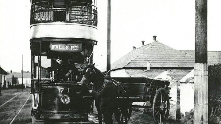 Standard Red 74, now fitted with a top cover poses for one of a series of images to demonstrate safety procedures near the Falls Road terminus. This scene would be totally unrecognizable today! [credit: C. Wilson / Belfast Corporation Transport]
