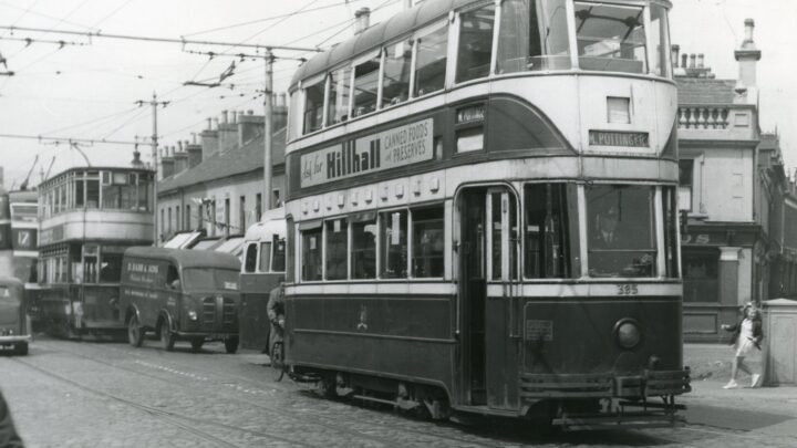 In 1935 the then General Manager Robert McCreary ordered 50 new cars from the English Electric Company of Preston which carried the fleet numbers 392 to 441. No 395 is seen in Albertbridge Road in 1952 on its way to Mountpottinger depot. By this date most of East Belfast had been converted to trolleybus operation and tramcar operation was reduced to peak hour depot workings.In this case the McCreary and the Chamberlain behind it were using the positive wire of the trolleybus overhead, [credit: Roy Brook]