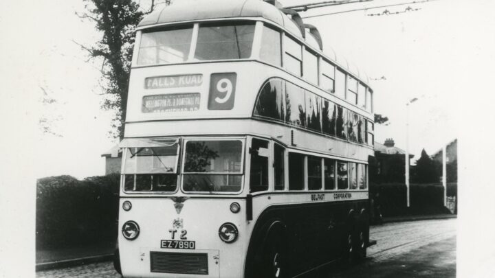 T2 taken at around the same time, with Falls depot just visible in the background. Both T1 and T2 were AECs with English Electric equipment and Harkness 68 seat bodywork. [credit: Clough Smith]