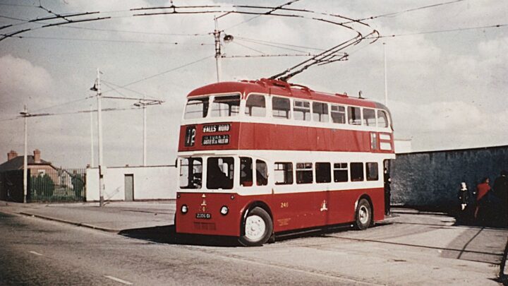 In 1958 the Falls Road terminus was extended from Fruithill Park to Casement Park and 246 has just left the stop. The land on which the turning circle sits was rented from the Gaelic Athletic Association. The turning circle was very tight with the overhead consisting of curved segments which gave a smoother passage for the trolley heads than span wire construction. [credit: Richard Whitford]