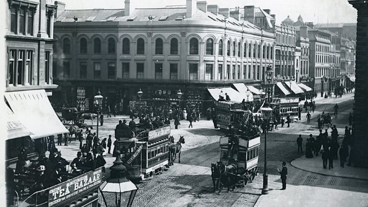 A busy scene at Castle Junction, probably in the late 1880s showing 4 double deck horse trams and a horse bus. Note the taller gas lamp in the middle of the junction before the widened tracks had been laid in Castle Place. [credit: National Library of Ireland]