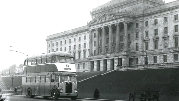 One of the very few full fronted motorbuses purchased by Belfast. 129 was a 1937 AEC Regent with 52 seat Cowieson bodywork. It is posed when new in front of Parliament Buildings, which provides a very impressive background. [credit: Brian Boyle collection]