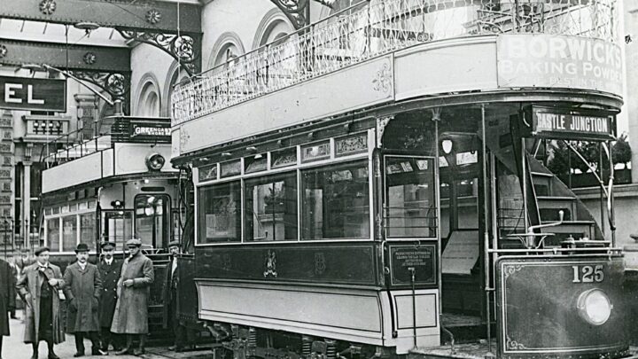 Standard Red 125 waits with a converted horse car in the tram bay at Northern Counties Railway Station on the Board of Trade Inspectors who travelled by the Larne ferry to pronounce on the electric service being fit to open. The Belfast Corporation purchased 170 
